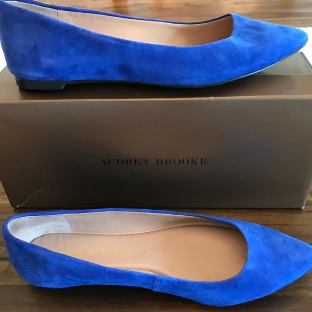 Cobalt blue pointy toe suede flats, Audrey Brooke
